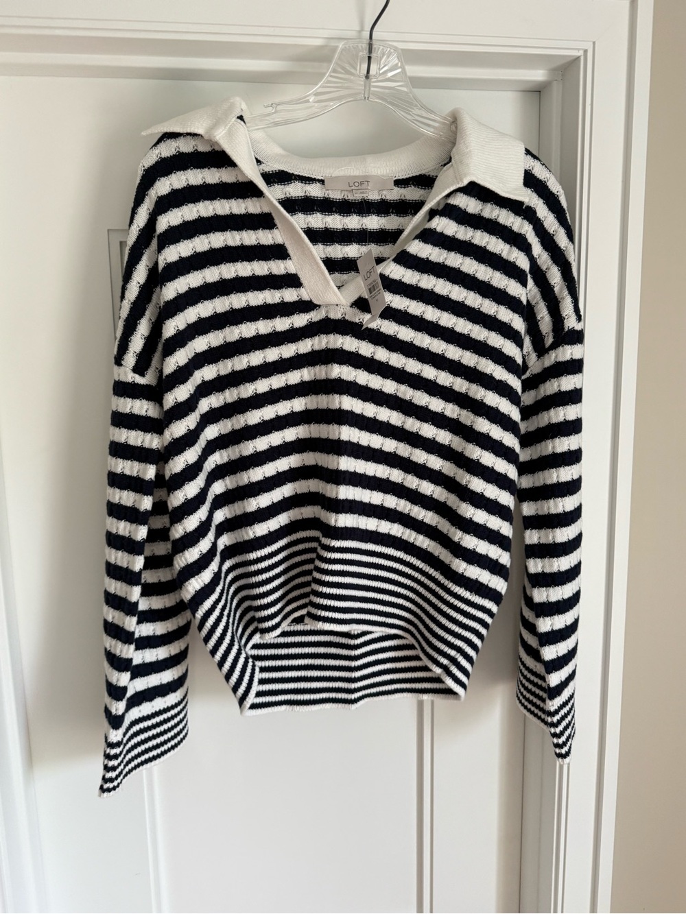 NWT LOFT Navy White Striped Collared Sweater Size M